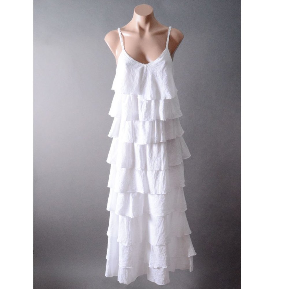 White Ruffle Tiered Layer Cotton Spaghetti Strap Bohemian Long Midi Dress S M L